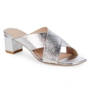 Stuart Weitzman Aletha Metallic Silver Heeled Sandals Square Toe